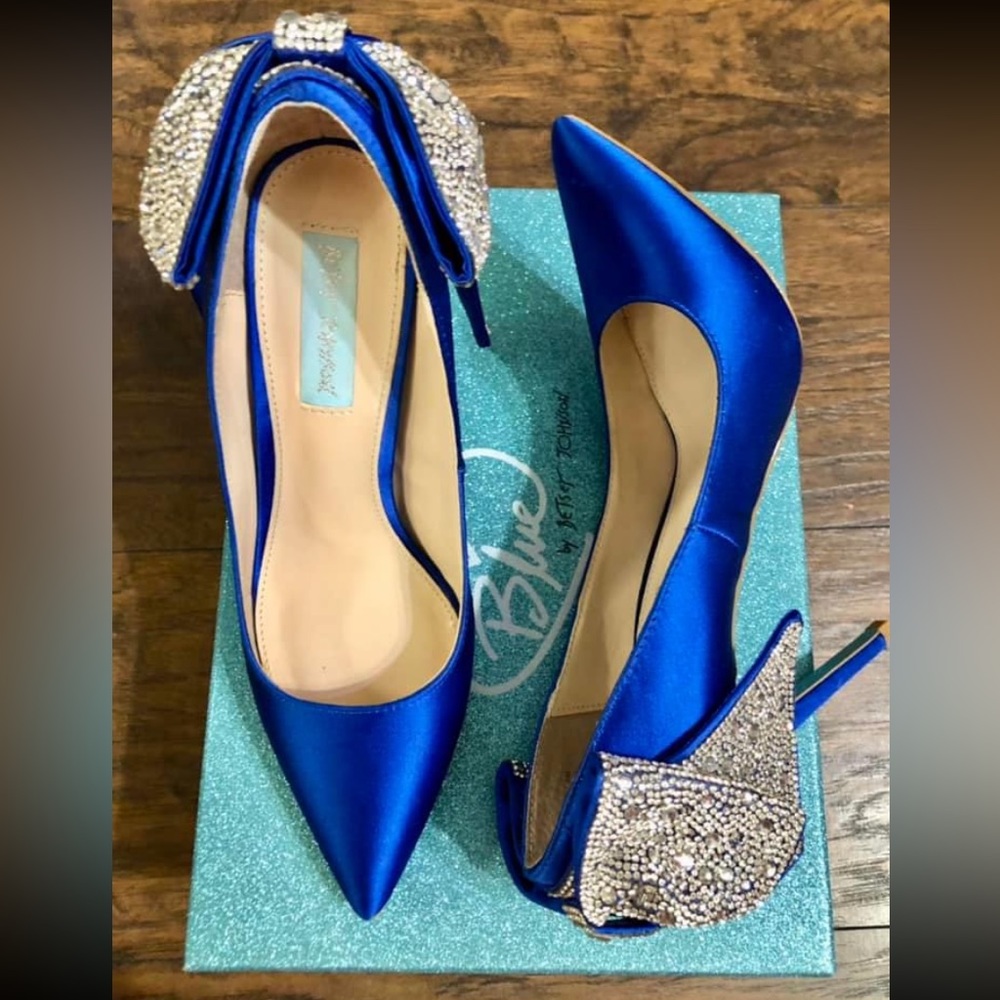 Betsey Johnson Blue Satin Rhinestone Bow Heels